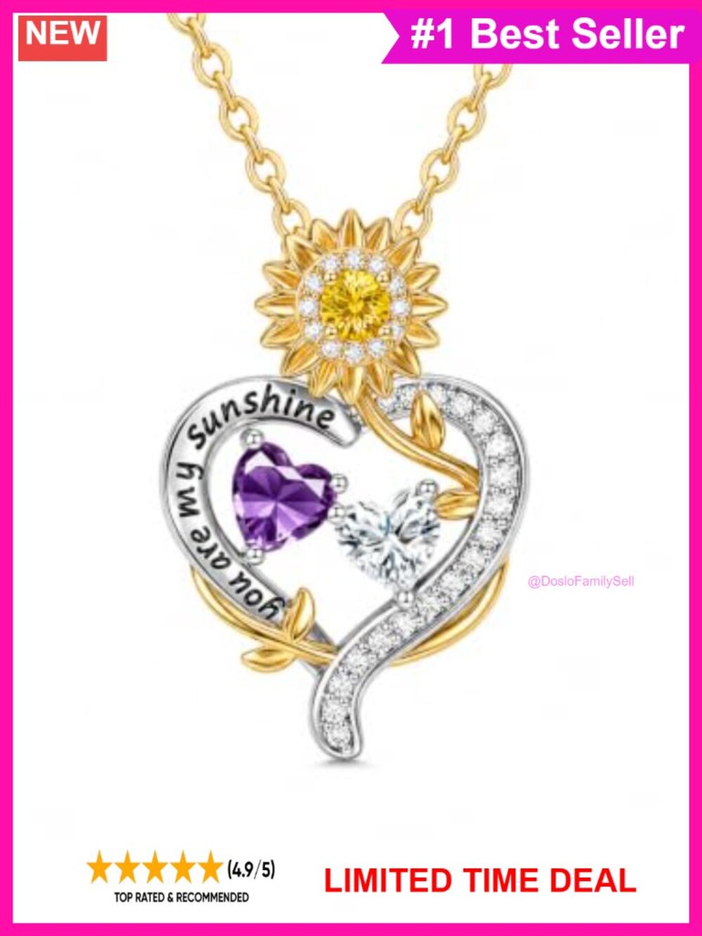 14K Gold Plated Sunflower Heart Necklace Double Birthstone Pendant